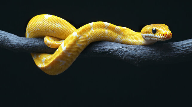 Bright yellow python coiled on branch against dark background