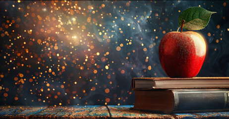 Dedicated education career milestone wish card showcasing teacher desk neatly stacked book apple symbolizing wisdom golden sparkle illuminating space One side remains empty writing personal message