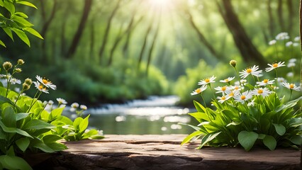 White daisies lush green foliage frame a rustic wooden surface near a tranquil stream, bathed sunlight.
