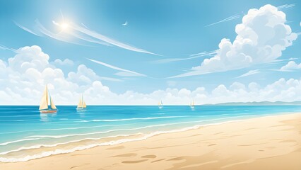 Obraz premium Idyllic summer scene sailboats gently gliding across a tranquil turquoise ocean under a vibrant blue sky, a sandy beach foreground.