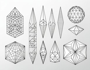 Geometric Wireframe Shapes Featuring Abstract Patterns and Symmetrical Designs