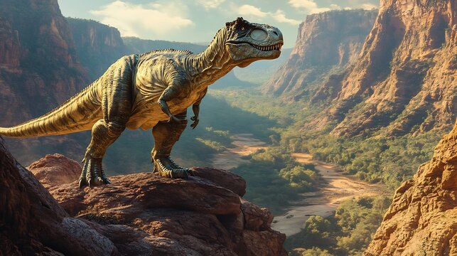 Powerful Rajasaurus standing rocky outcrop surveying lush valley below muscular form covered scar hot sun cast dramatic highlight across rugged scaled body ancient land stretch endlessly into horizon