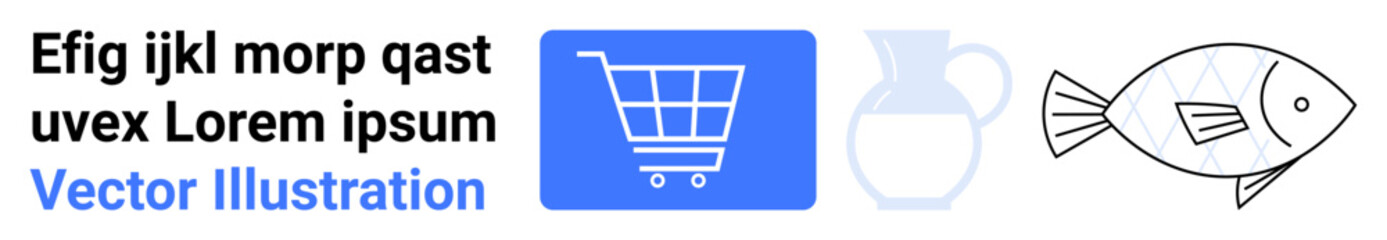 Shopping cart icon, transparent pitcher silhouette, and linear fish sketch. Ideal for commerce, eco-awareness, food, sustainability, minimalism, education and simple landing page