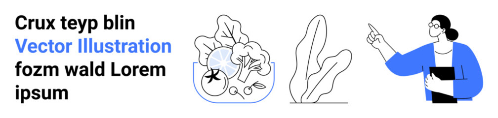 Professional woman holding a notebook and pointing at abstract foliage with a decorative bowl of vegetables nearby. Ideal for presentations, education, environment, growth, communication, learning