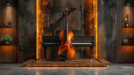Elegant grand piano and cello in modern interior with warm lighting and stylish decor