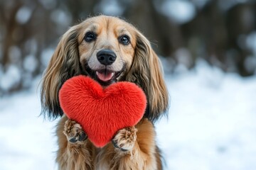 Commercial companion image. Cute afghan hound with fluffy red heart on a walk in a winter green space. Afghan hound - my desired dog, symbol of friendship. Valentine's day puppy fashion.