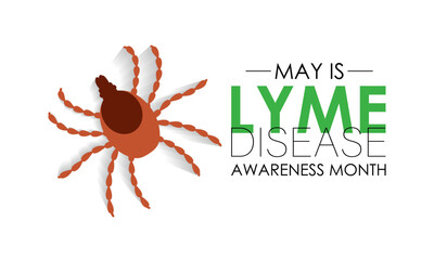 Vector illustration of lyme disease awareness month is observed every year in May. Promote measures to prevent tick bites. Green Realistic Ribbon and tick parasitic arachnid silhouette icon banner.