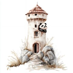 Adorable Panda in a Whimsical Stone Tower Watercolor Illustration