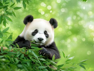 Fototapeta premium Adorable Panda Cub Eating Bamboo in Lush Green Forest