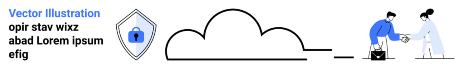 Cloud with a secure lock shield, two professionals exchanging data, file folder icons. Ideal for cybersecurity, cloud computing, collaboration, data privacy, technology, secure communication flat