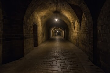 Fototapeta premium Ancient subterranean passageway. Dimly lit stone corridor extends into the distance. Cobblestone floor and arched stone walls