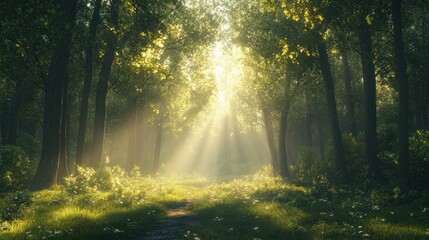 Obraz premium Sunlight streams through forest path, morning mist, tranquil woods