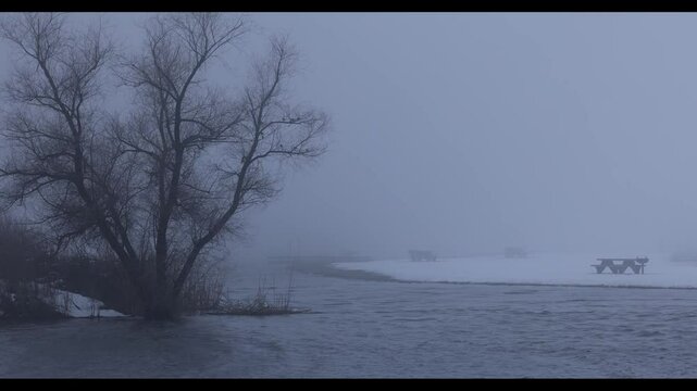 A desolate video in the freezing harsh winter with a lake and fierce blowing wind.