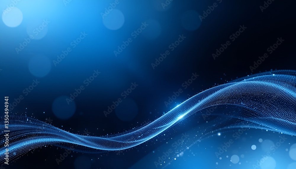 Poster abstract blue background with glowing particles forming a wavy pattern and bokeh effect in the backg