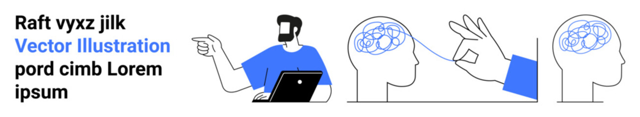 Man holding a laptop pointing toward a brain, a hand interacting with another brain. Ideal for creativity, psychology, innovation, brainstorming, cognitive science, education, flat landing page