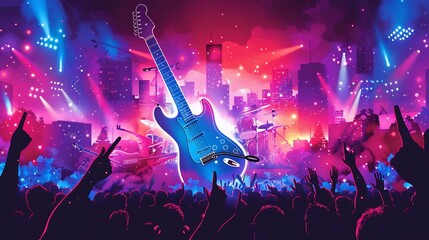 Dynamic music award wish card featuring electric guitar roaring crowd and a shining trophy symbolizing success in the music world A blank section on one side allows for adding names and event details