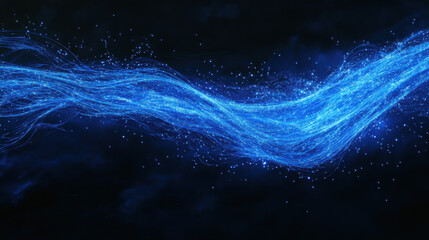 A conceptual fine-art photograph capturing luminous blue filaments gracefully curving in space. Each strand is sharply defined yet soft, with a silky texture, creating a visually striking contrast a