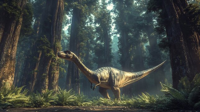 Rare Europasaurus moving cautiously through lush valley small yet graceful form blending into prehistoric landscape The towering trees around it sway gently in the breeze adding to the tranquil scene