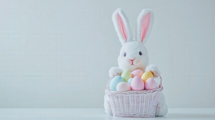 Cute Easter Bunny with Basket of Colorful Eggs