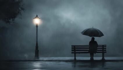 A solitary figure beneath an umbrella sits on a park bench on a rainy and melancholic night