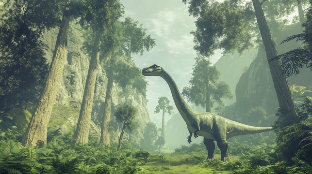 Rare Europasaurus moving cautiously through lush valley small yet graceful form blending into prehistoric landscape The towering trees around it sway gently in the breeze adding to the tranquil scene