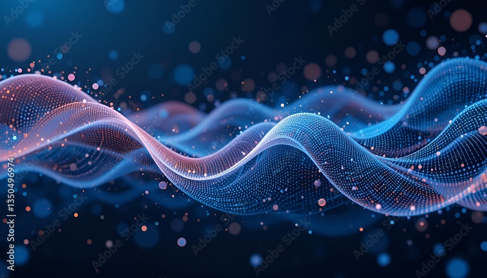 Poster Abstract waves of blue and orange dots on a dark background with bokeh effect and flowing pattern