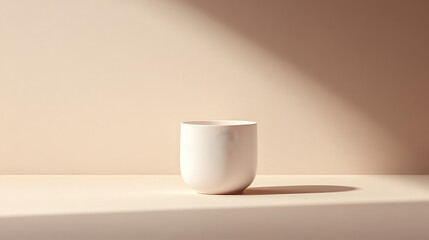 A single white ceramic cup casting a perfect shadow on a warm beige background, minimalist and elegant, smooth matte surface
