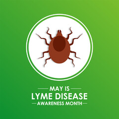Vector illustration of lyme disease awareness month is observed every year in May. Promote measures to prevent tick bites. Green Realistic Ribbon and tick parasitic arachnid silhouette icon banner.