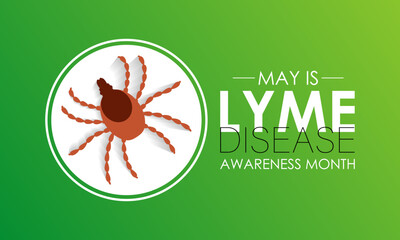 Vector illustration of lyme disease awareness month is observed every year in May. Promote measures to prevent tick bites. Green Realistic Ribbon and tick parasitic arachnid silhouette icon banner.