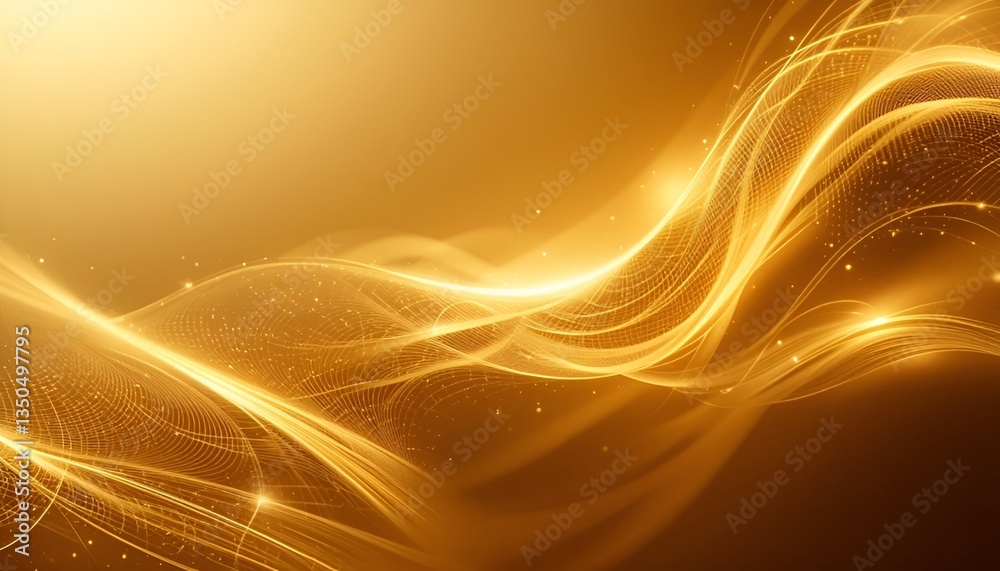 Poster a golden abstract background with flowing lines and sparkling lights in a wave pattern design