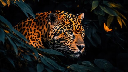 Close Up Portrait of a Jaguar Emerging from Dense Green Foliage in Natural Habitat