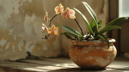A handcrafted clay plant pot with a rustic, unpolished look, cradling a flowering orchid.