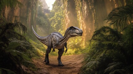 Rare Europasaurus moving cautiously through lush valley small yet graceful form blending into prehistoric landscape The towering trees around it sway gently in the breeze adding to the tranquil scene