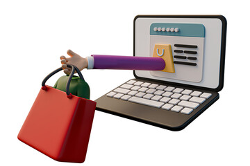 3d rendering, 3d realistic, online shopping using laptop hands and clothes until they come out 3d rendering transparent background