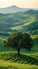 Obraz premium Serene Green Hills: A Lone Tree in Rolling Landscape