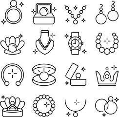 Pearl icon set. Includes of natural pearl, pearl jewelry, pearl necklace, pearl earrings, and More. Outline icons vector collection