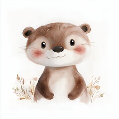 Adorable Watercolor Otter Illustration with Floral Elements