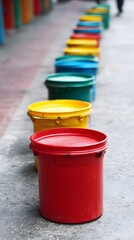 Naklejka premium Colorful Plastic Buckets in a Row Outdoor Scene