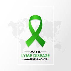 Vector illustration of lyme disease awareness month is observed every year in May. Promote measures to prevent tick bites. Green Realistic Ribbon and tick parasitic arachnid silhouette icon banner.