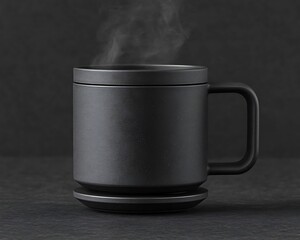 A black mug of hot beverage with rising steam