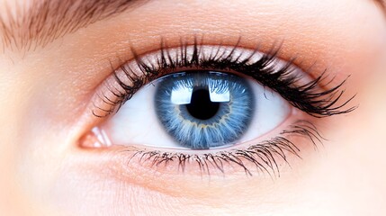 A close up view of a bright blue human eye
