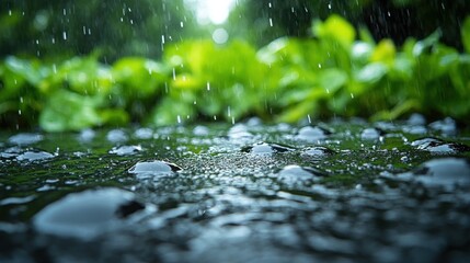 Fototapeta premium Raindrops on a Dark Surface, Lush Greenery Background