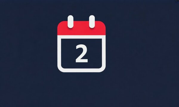 Simple red and white calendar icon with the number two on a dark blue backdrop