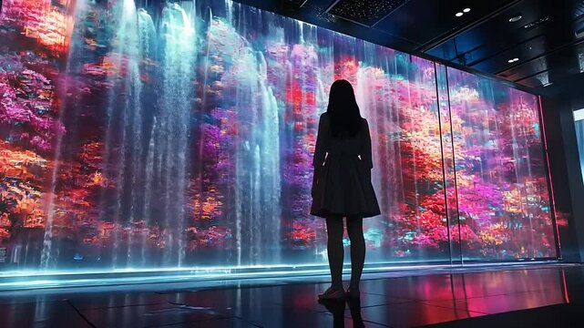 A woman gazes at a vibrant digital waterfall display in a modern indoor setting
