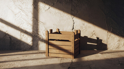 Rustic wooden crate sunlit textured wall backdrop