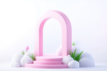 Pink archway podium with soft clouds and plants