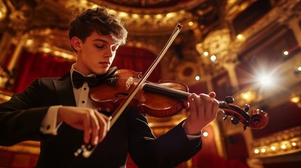 Fototapeta premium Elegant musician plays violin in opulent theater setting