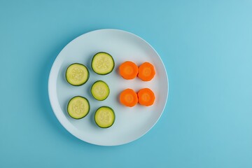 Zucchini and Carrot Slices on Pastel Blue Background