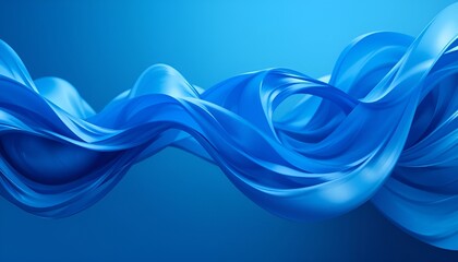 A vibrant blue abstract design featuring flowing fabric like shapes on a gradient background