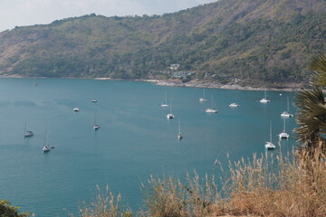 A picturesque scenic coastal view featuring sailing boats, rolling hills, and a beautiful sky